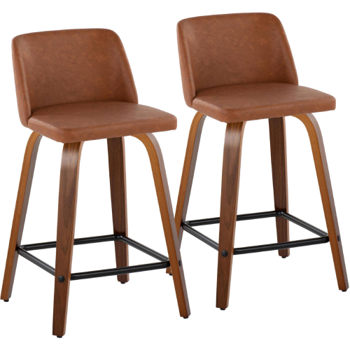 Toriano 24" Swivel Counter Stool in Walnut Wood & Camel Leatherette with Black Footrest (Set of 2)